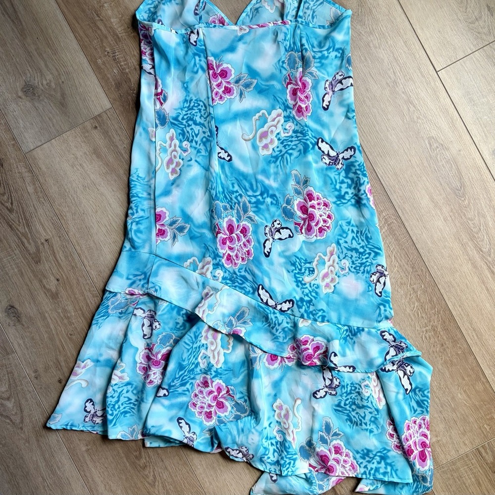 Mlle Gabrielle Y2K Tropical Ruffle Midi Slip Dress Blue Floral Butterfly Size 8 - Picture 8 of 8